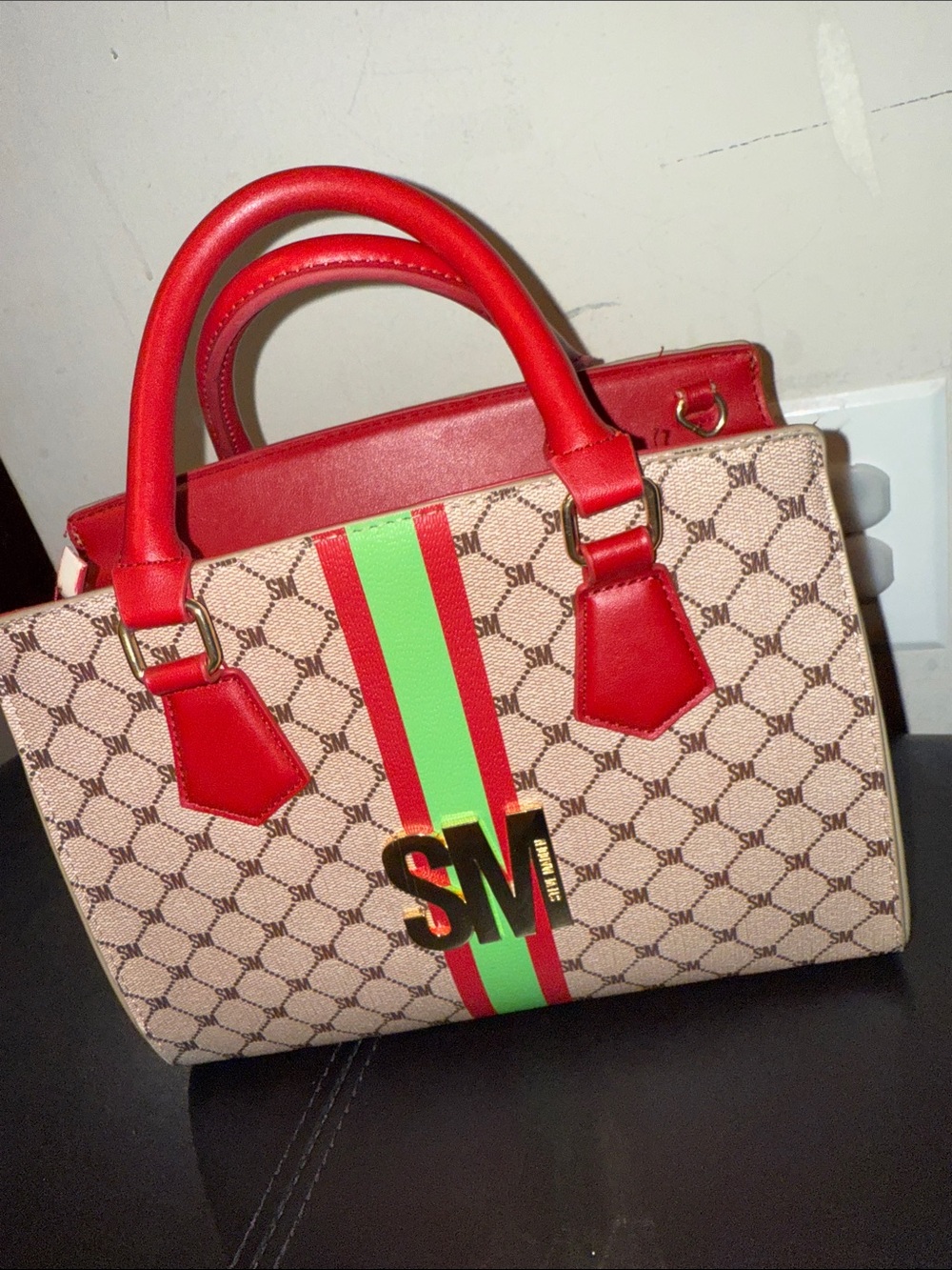Steve Madden Red Trim Canvas Satchel with Green Stripe